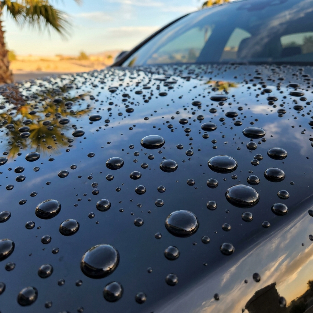 Water beading on a freshly ceramic-coated black hood — proof of hydrophobic 10H ceramic coating
