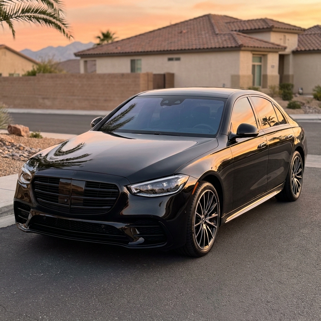 Freshly detailed Mercedes-Benz S-Class with mirror-glossy finish at golden hour Las Vegas