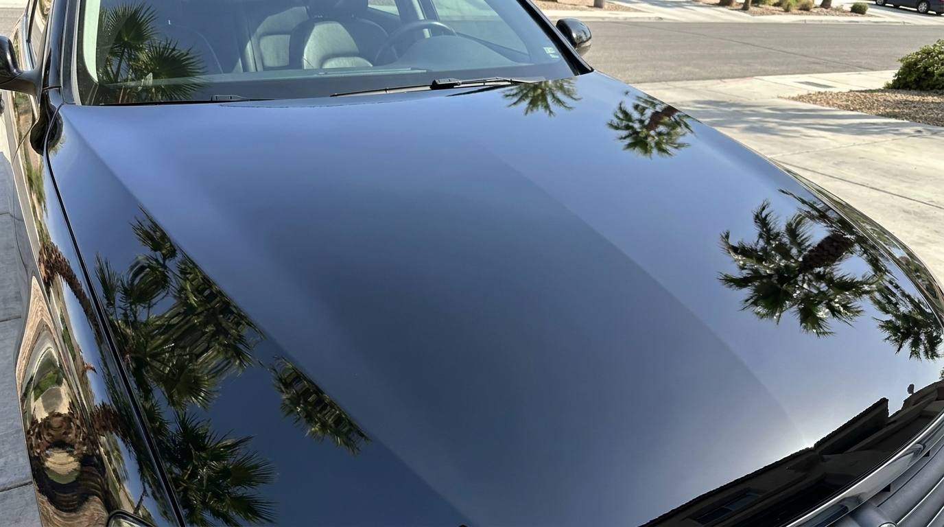 Same black sedan hood with mirror-glossy finish and sharp palm-tree reflections after 2-step paint correction