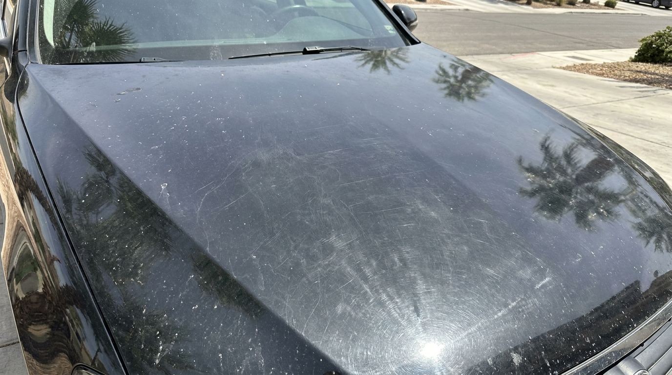 Black sedan hood showing heavy swirl marks, hazy oxidation, and water spots before paint correction