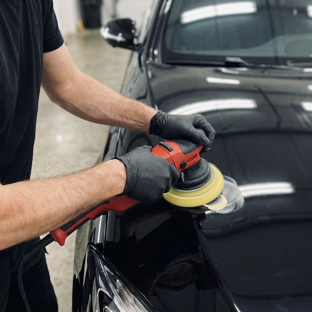 Dual-action orbital polisher with yellow foam pad correcting a glossy black sedan